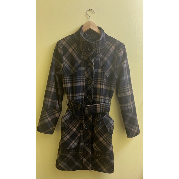 NAF NAF Women's Wool Italian Fabric Trench Style Check Coat.  Size 42 - Picture 1 of 6